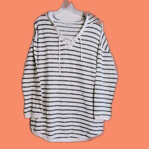 Keren Hart Striped V Neck Pullover Hoodie XL Natucial Coastal Beachy Pool Resort